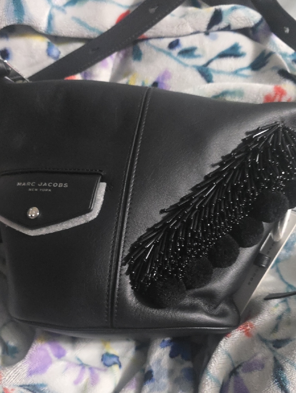 Marc Jacobs Black Leather Shoulder Bag with Beaded Fringe and Pom-Poms